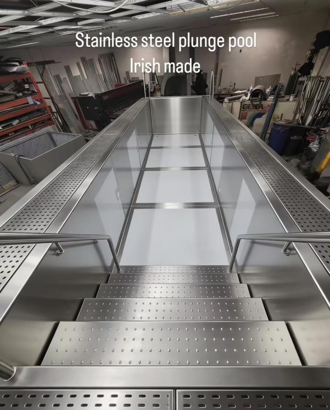 Stainless steel plunge pool with anti-slip steps fabricated in the workshop