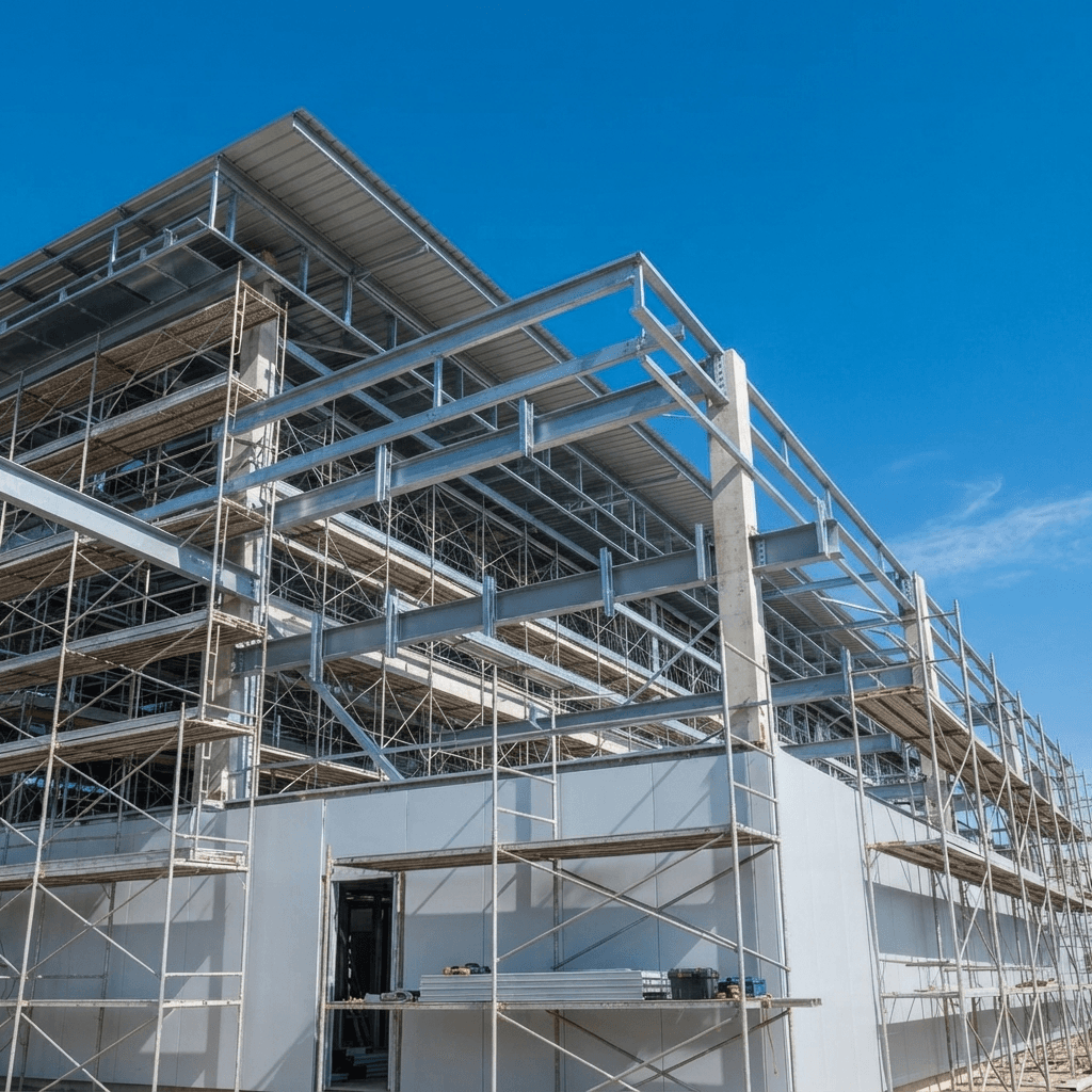 Industrial metal fabrication workshop with steel structures and welding equipment